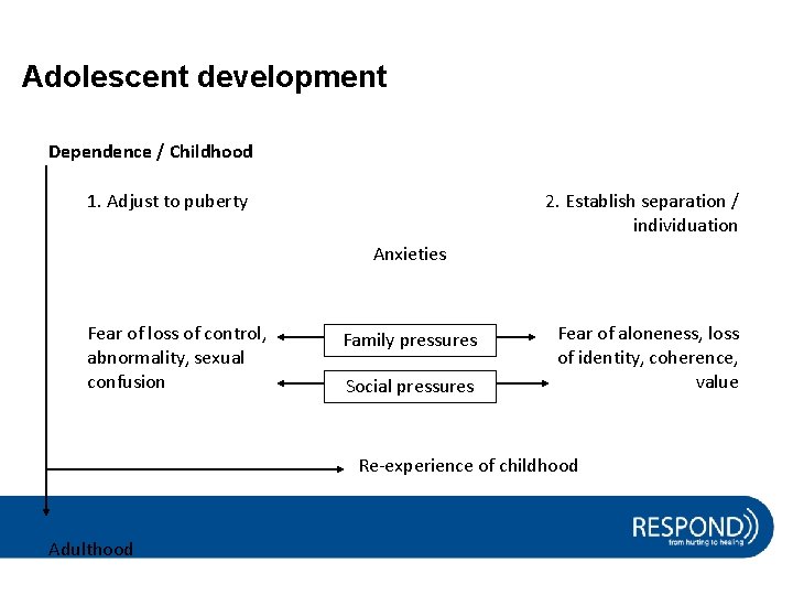Adolescent development Dependence / Childhood 1. Adjust to puberty 2. Establish separation / individuation