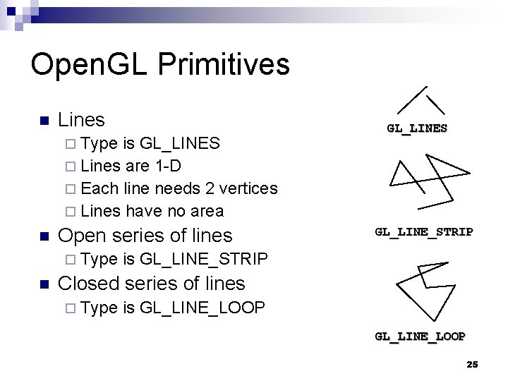 Open. GL Primitives n Lines ¨ Type is GL_LINES ¨ Lines are 1 -D