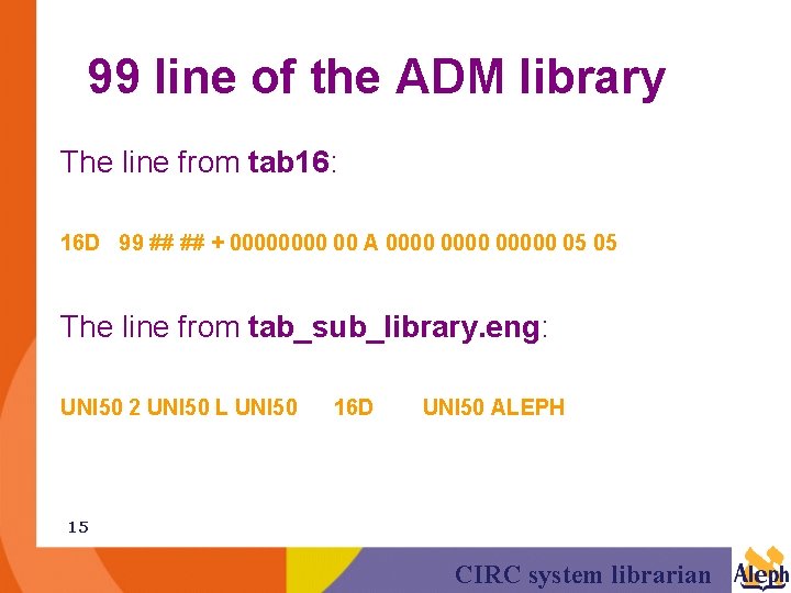 99 line of the ADM library The line from tab 16: 16 D 99