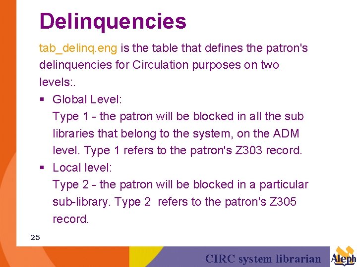 Delinquencies tab_delinq. eng is the table that defines the patron's delinquencies for Circulation purposes