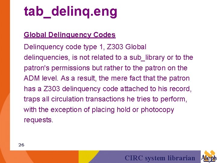 tab_delinq. eng Global Delinquency Codes Delinquency code type 1, Z 303 Global delinquencies, is