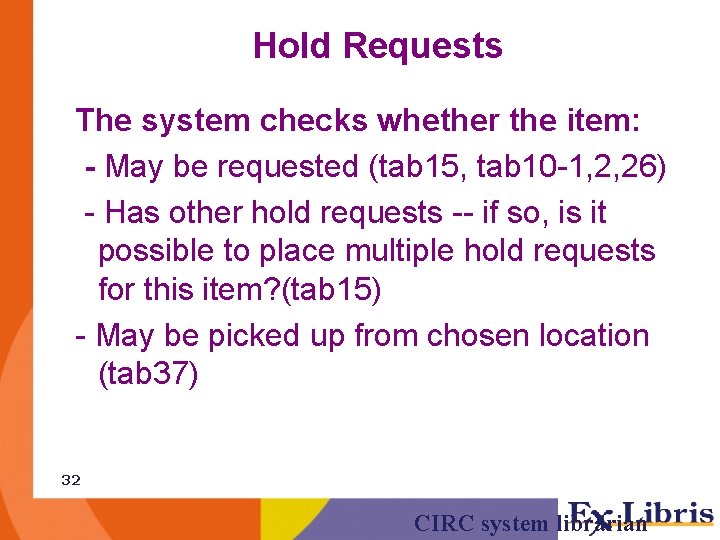 Hold Requests The system checks whether the item: - May be requested (tab 15,