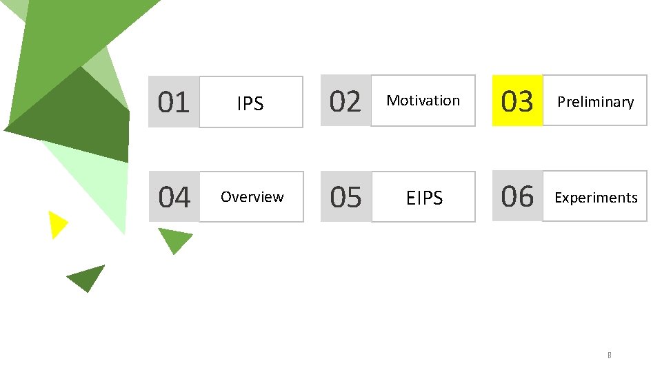 01 IPS 02 Motivation 03 Preliminary 04 Overview 05 EIPS 06 Experiments 8 