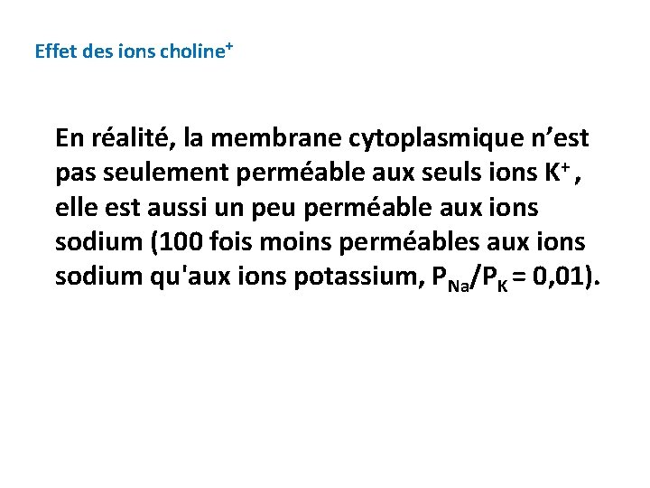Effet des ions choline+ En réalité, la membrane cytoplasmique n’est pas seulement perméable aux