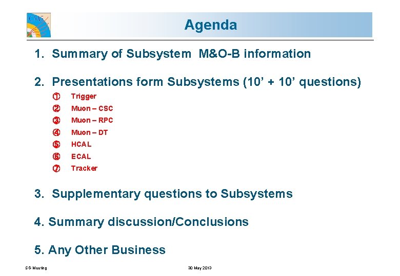 Agenda 1. Summary of Subsystem M&O-B information 2. Presentations form Subsystems (10’ + 10’