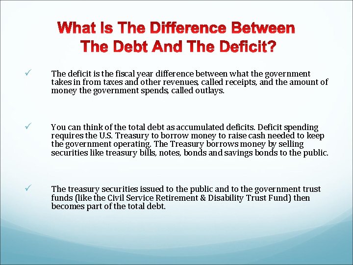 ü The deficit is the fiscal year difference between what the government takes in