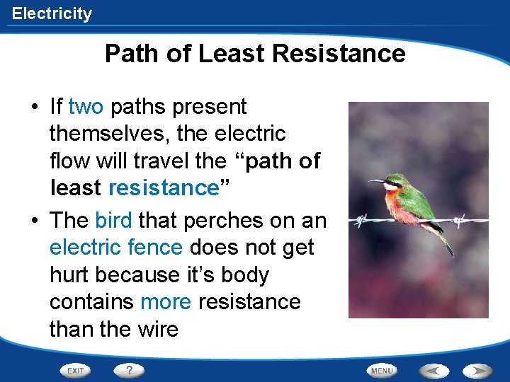 Electricity Path of Least Resistance • If two paths present themselves, the electric flow