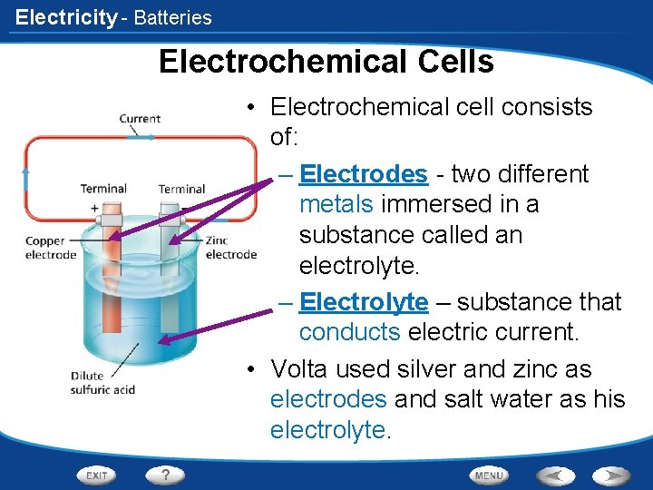 Electricity - Batteries Electrochemical Cells • Electrochemical cell consists of: – Electrodes - two