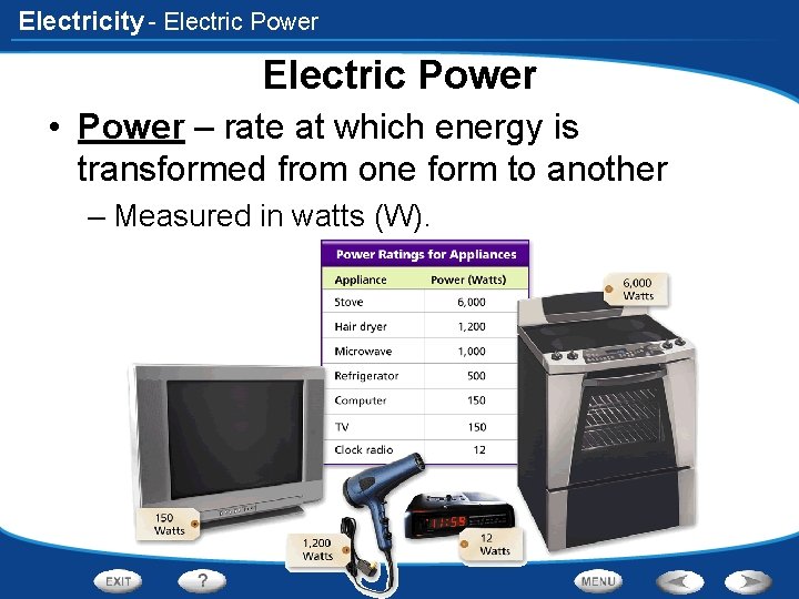 Electricity - Electric Power • Power – rate at which energy is transformed from