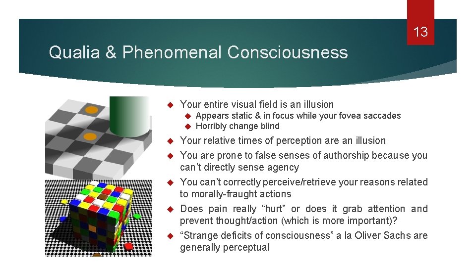 13 Qualia & Phenomenal Consciousness Your entire visual field is an illusion Appears static