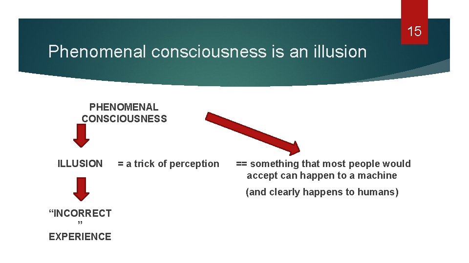 15 Phenomenal consciousness is an illusion PHENOMENAL CONSCIOUSNESS ILLUSION = a trick of perception