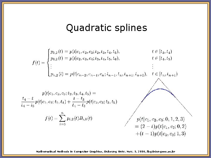 Quadratic splines Mathematical Methods in Computer Graphics, Duksung Univ. Nov. 1. 2006, lbg@dongseo. ac.