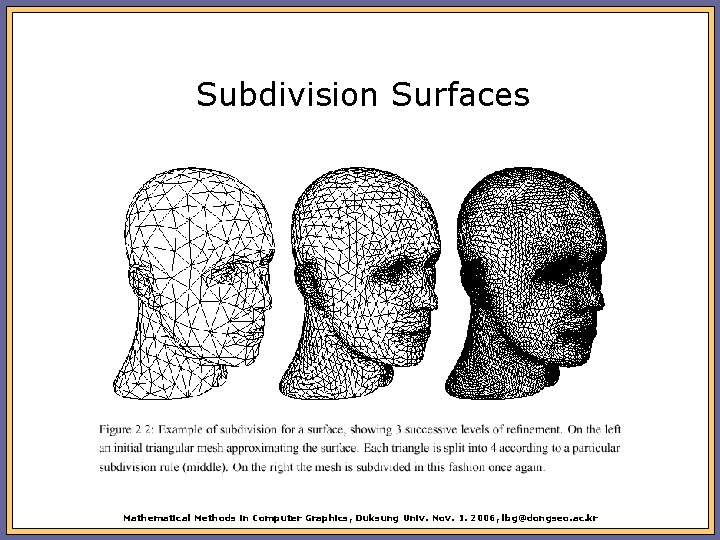 Subdivision Surfaces Mathematical Methods in Computer Graphics, Duksung Univ. Nov. 1. 2006, lbg@dongseo. ac.
