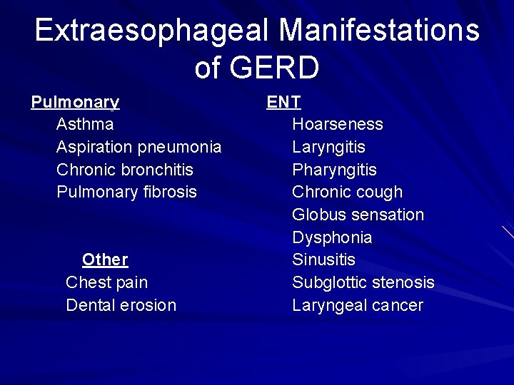 Extraesophageal Manifestations of GERD Pulmonary Asthma Aspiration pneumonia Chronic bronchitis Pulmonary fibrosis Other Chest