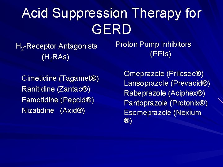 Acid Suppression Therapy for GERD H 2 -Receptor Antagonists (H 2 RAs) Cimetidine (Tagamet®)