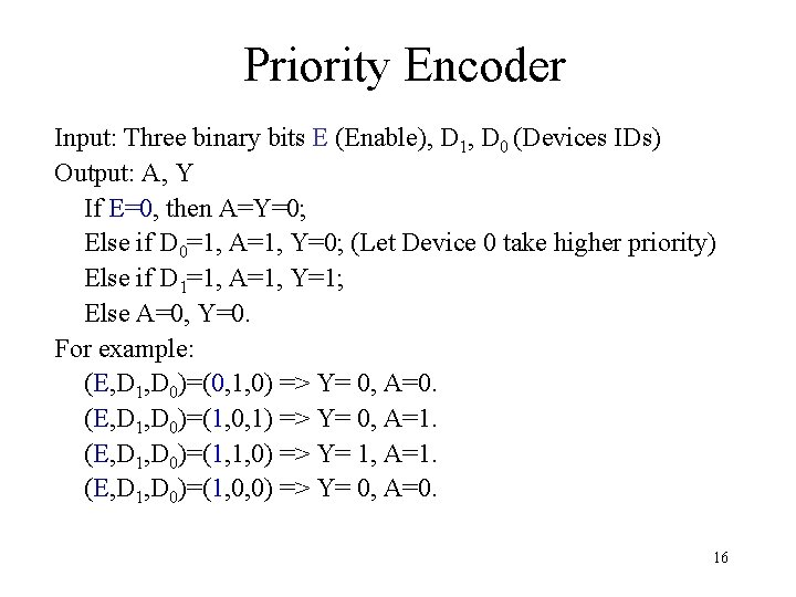 Priority Encoder Input: Three binary bits E (Enable), D 1, D 0 (Devices IDs)