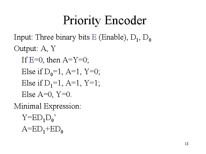 Priority Encoder Input: Three binary bits E (Enable), D 1, D 0 Output: A,