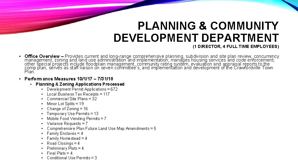 PLANNING & COMMUNITY DEVELOPMENT DEPARTMENT (1 DIRECTOR, 4 FULL TIME EMPLOYEES) • Office Overview