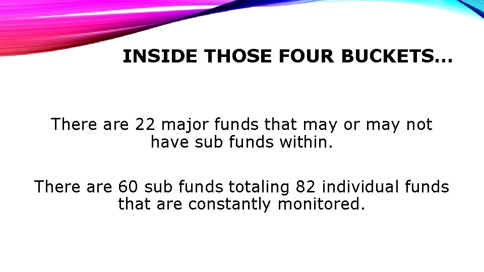 INSIDE THOSE FOUR BUCKETS… There are 22 major funds that may or may not