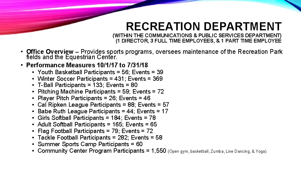 RECREATION DEPARTMENT (WITHIN THE COMMUNICATIONS & PUBLIC SERVICES DEPARTMENT) (1 DIRECTOR, 3 FULL TIME