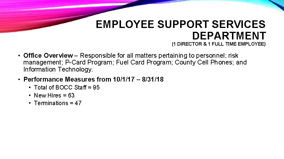 EMPLOYEE SUPPORT SERVICES DEPARTMENT (1 DIRECTOR & 1 FULL TIME EMPLOYEE) • Office Overview