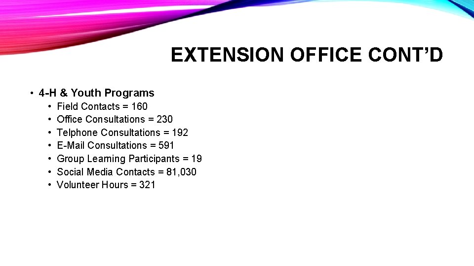 EXTENSION OFFICE CONT’D • 4 -H & Youth Programs • • Field Contacts =