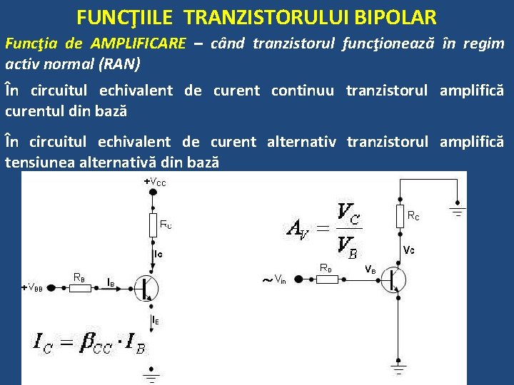 FUNCŢIILE TRANZISTORULUI BIPOLAR Funcţia de AMPLIFICARE – când tranzistorul funcţionează în regim activ normal