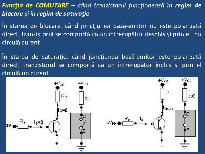 Funcţia de COMUTARE – când tranzistorul funcţionează în regim de blocare şi în regim