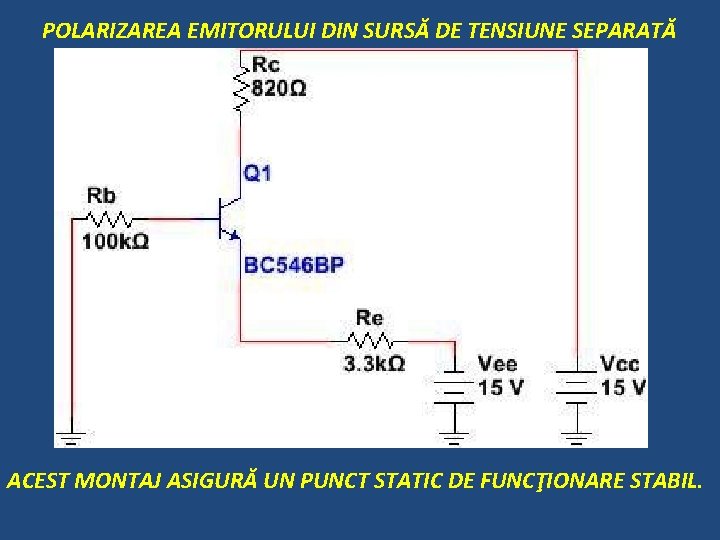 POLARIZAREA EMITORULUI DIN SURSĂ DE TENSIUNE SEPARATĂ ACEST MONTAJ ASIGURĂ UN PUNCT STATIC DE