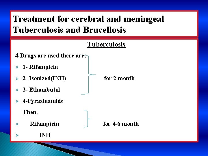 Treatment for cerebral and meningeal Tuberculosis and Brucellosis Tuberculosis 4 Drugs are used there