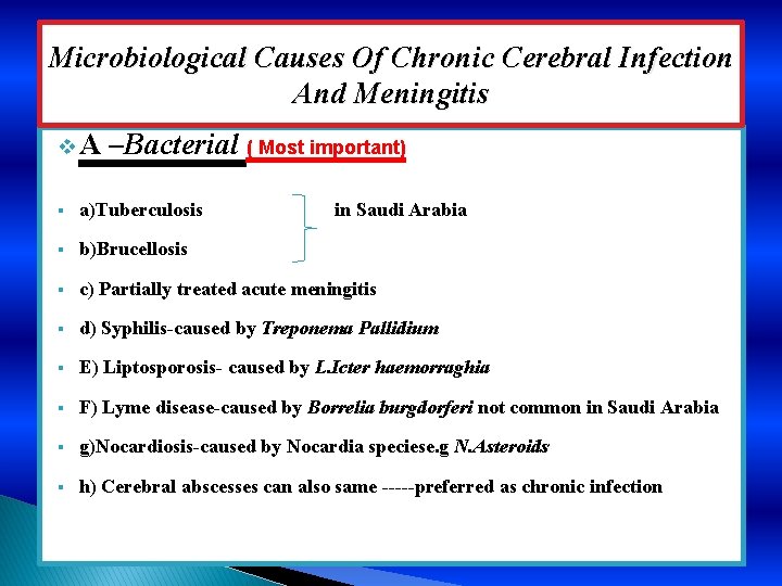 Microbiological Causes Of Chronic Cerebral Infection And Meningitis v. A –Bacterial ( Most important)