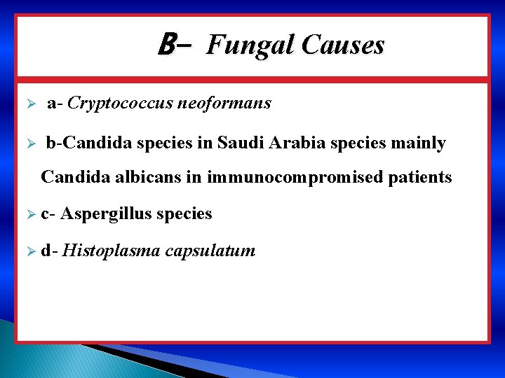 B- Fungal Causes Ø a- Cryptococcus neoformans Ø b-Candida species in Saudi Arabia species