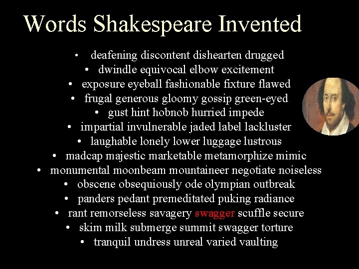 Words Shakespeare Invented deafening discontent dishearten drugged • dwindle equivocal elbow excitement • exposure