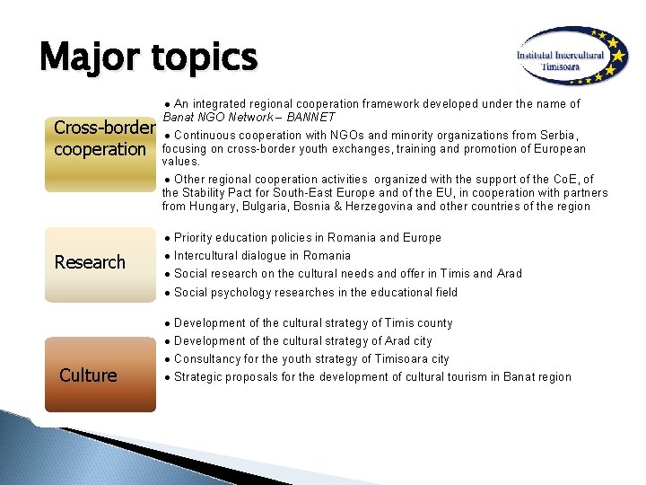 Major topics Cross-border cooperation Research Culture An integrated regional cooperation framework developed under the