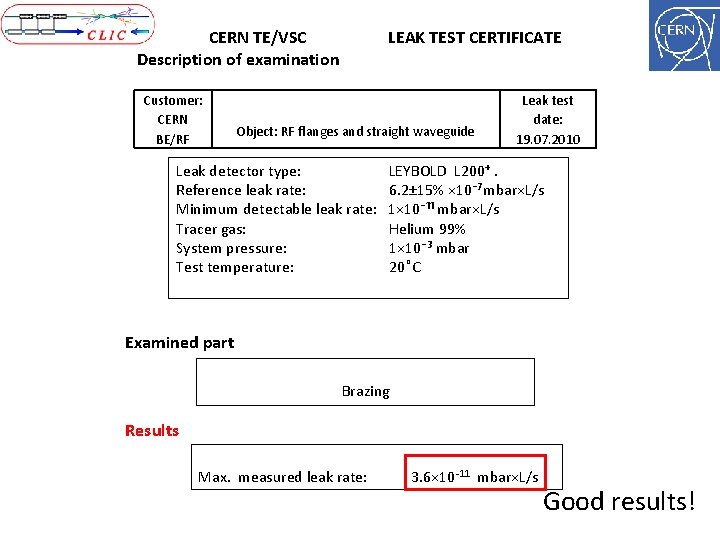 CERN TE/VSC Description of examination Customer: CERN BE/RF LEAK TEST CERTIFICATE Object: RF flanges