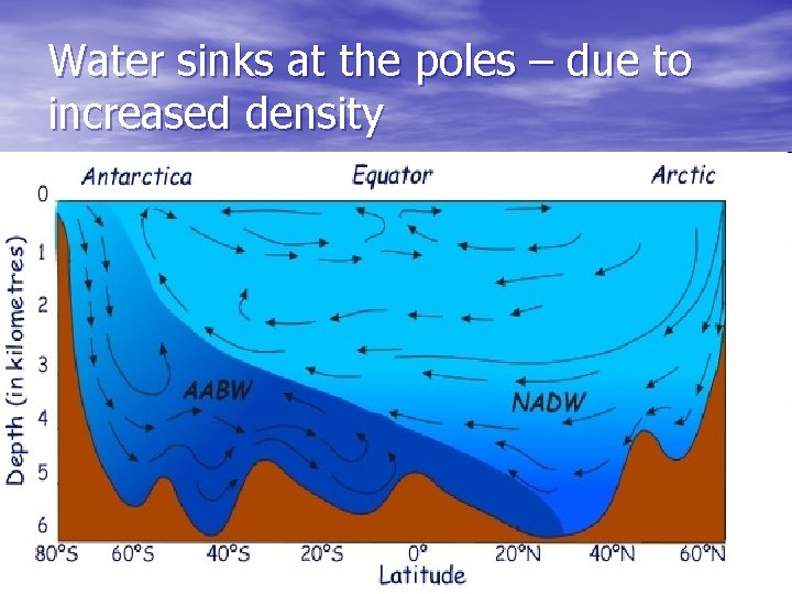 Water sinks at the poles – due to increased density 