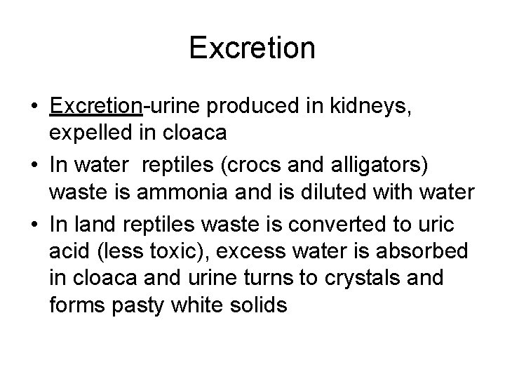 Excretion • Excretion-urine produced in kidneys, expelled in cloaca • In water reptiles (crocs