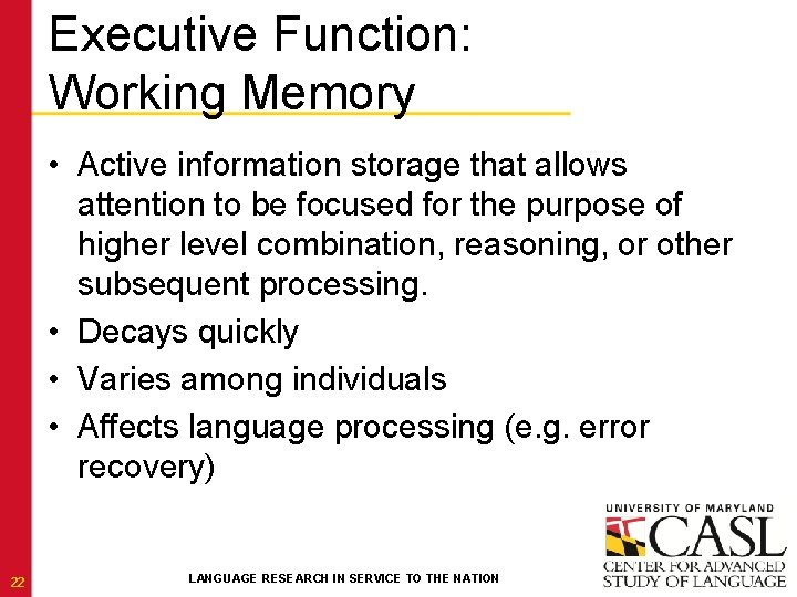 Executive Function: Working Memory • Active information storage that allows attention to be focused