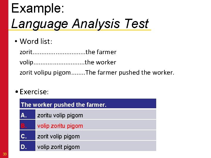 Example: Language Analysis Test • Word list: zorit. . . . the farmer volip.