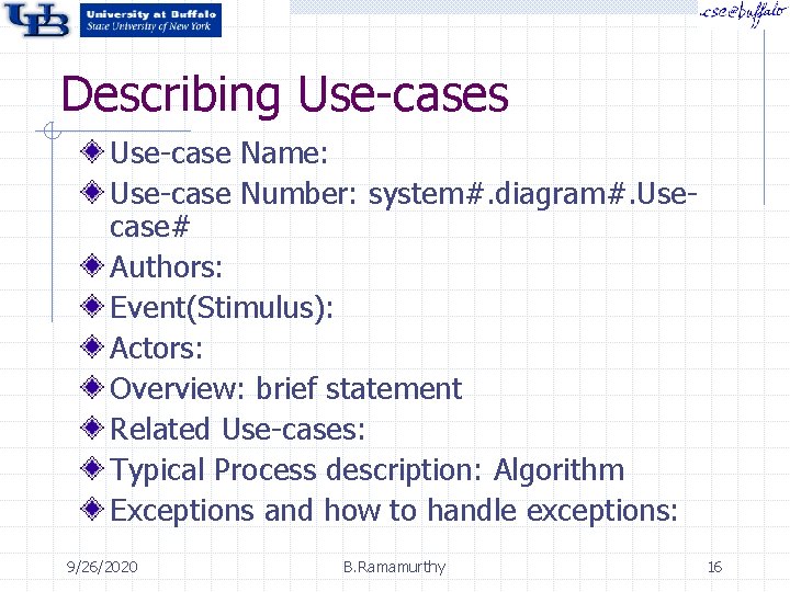 Describing Use-cases Use-case Name: Use-case Number: system#. diagram#. Usecase# Authors: Event(Stimulus): Actors: Overview: brief Describing Use-cases Use-case Name: Use-case Number: system#. diagram#. Usecase# Authors: Event(Stimulus): Actors: Overview: brief