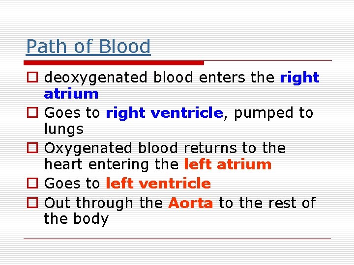 Path of Blood o deoxygenated blood enters the right atrium o Goes to right