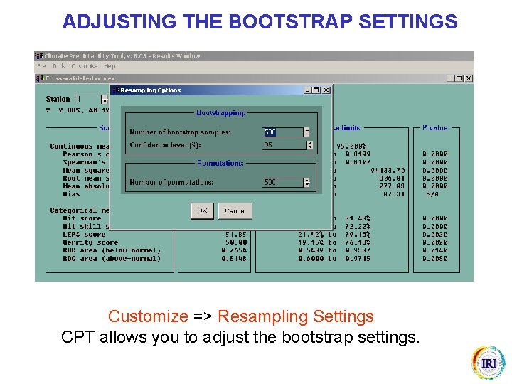 ADJUSTING THE BOOTSTRAP SETTINGS Customize => Resampling Settings CPT allows you to adjust the