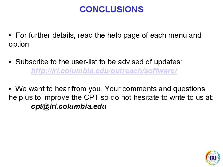CONCLUSIONS • For further details, read the help page of each menu and option.
