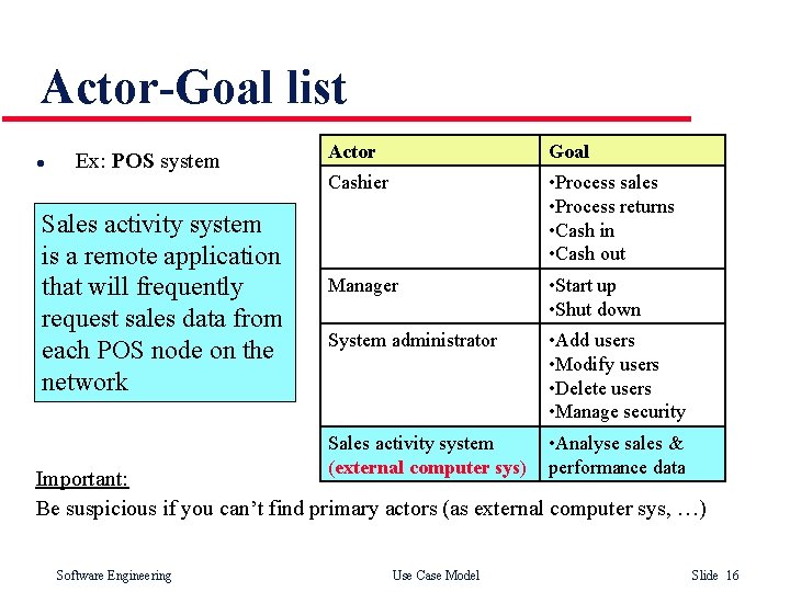Actor-Goal list l Ex: POS system Sales activity system is a remote application that Actor-Goal list l Ex: POS system Sales activity system is a remote application that