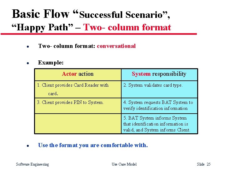 Basic Flow “Successful Scenario”, “Happy Path” – Two- column format l Two- column format: Basic Flow “Successful Scenario”, “Happy Path” – Two- column format l Two- column format: