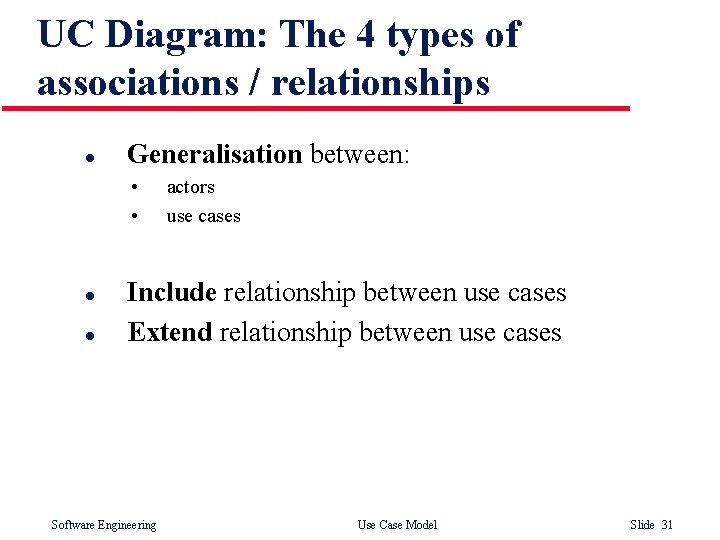 UC Diagram: The 4 types of associations / relationships l Generalisation between: • • UC Diagram: The 4 types of associations / relationships l Generalisation between: • •