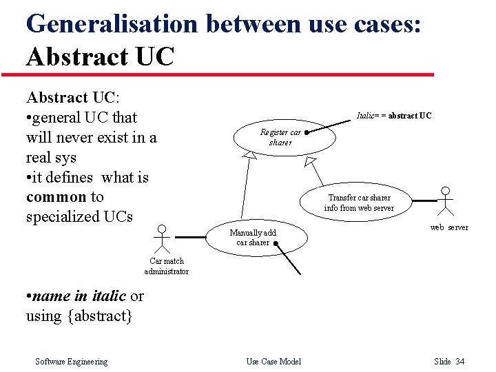 Generalisation between use cases: Abstract UC: • general UC that will never exist in Generalisation between use cases: Abstract UC: • general UC that will never exist in