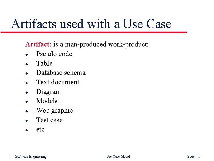 Artifacts used with a Use Case Artifact: is a man-produced work-product: l Pseudo code Artifacts used with a Use Case Artifact: is a man-produced work-product: l Pseudo code