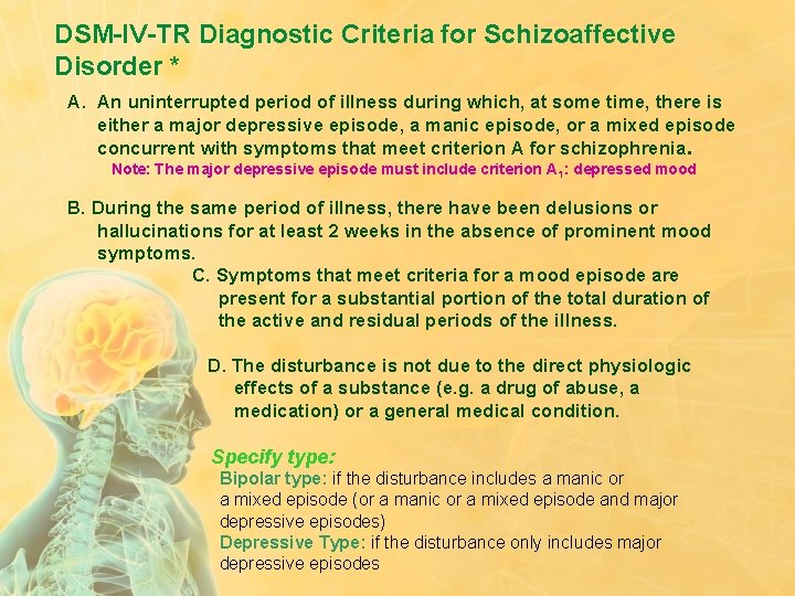 DSM-IV-TR Diagnostic Criteria for Schizoaffective Disorder * A. An uninterrupted period of illness during