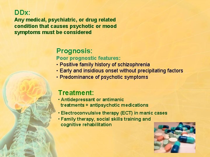 DDx: Any medical, psychiatric, or drug related condition that causes psychotic or mood symptoms